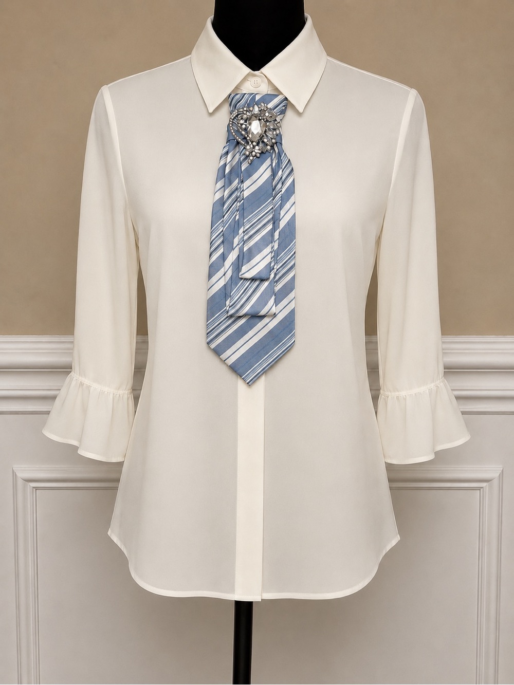 OOAK Handsewn Necktie Necklace Blue
Rhinestone Brooch and  Silvertone Chain